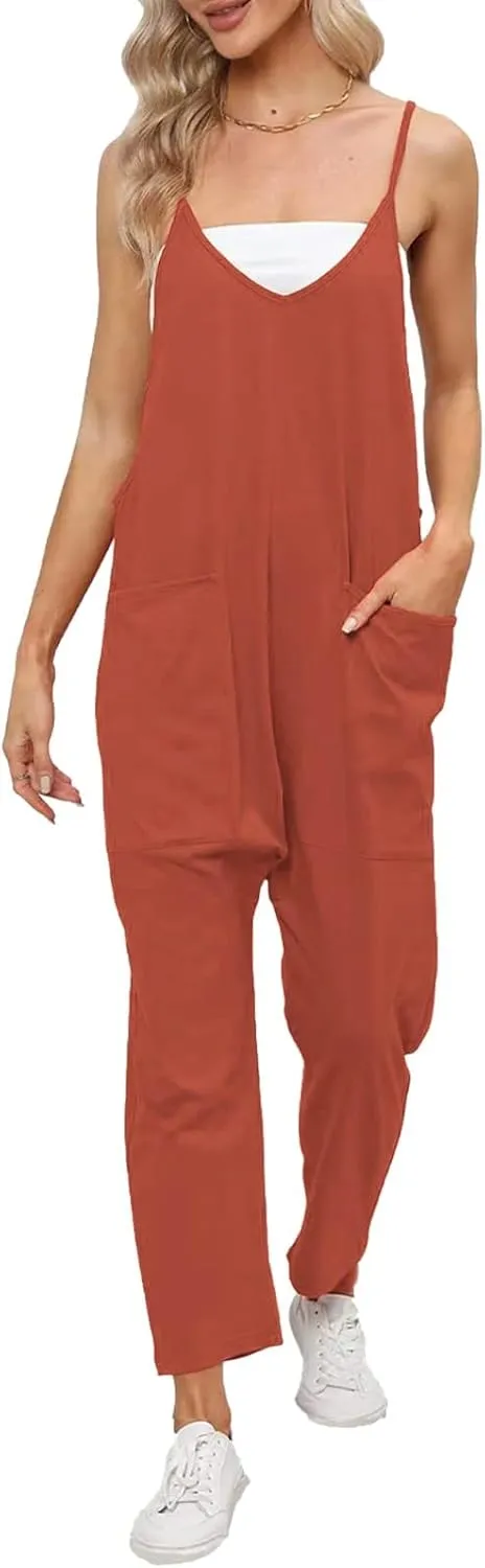 Aniywn Spaghetti Strap Overalls Long Harem Pants Romper Casual Loose Sleeveless Rompers Baggy Overalls Jumpers with Pockets