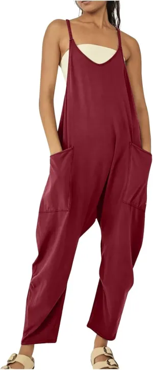 Aniywn Spaghetti Strap Overalls Long Harem Pants Romper Casual Loose Sleeveless Rompers Baggy Overalls Jumpers with Pockets