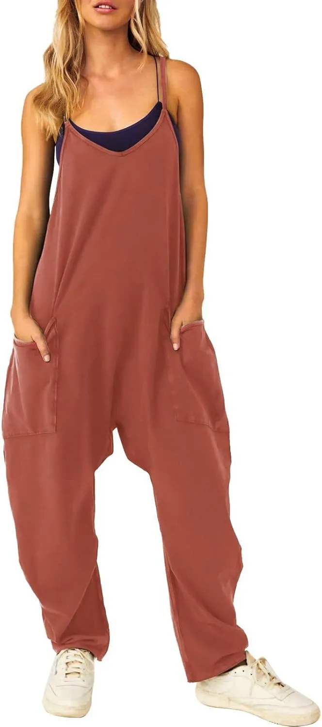 Aniywn Spaghetti Strap Overalls Long Harem Pants Romper Casual Loose Sleeveless Rompers Baggy Overalls Jumpers with Pockets