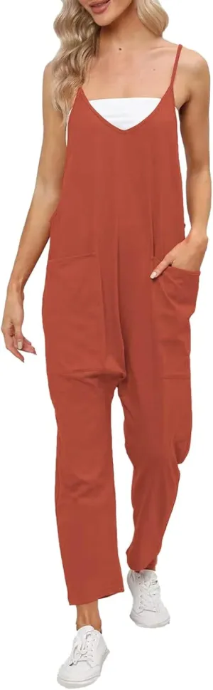 Aniywn Spaghetti Strap Overalls Long Harem Pants Romper Casual Loose Sleeveless Rompers Baggy Overalls Jumpers with Pockets
