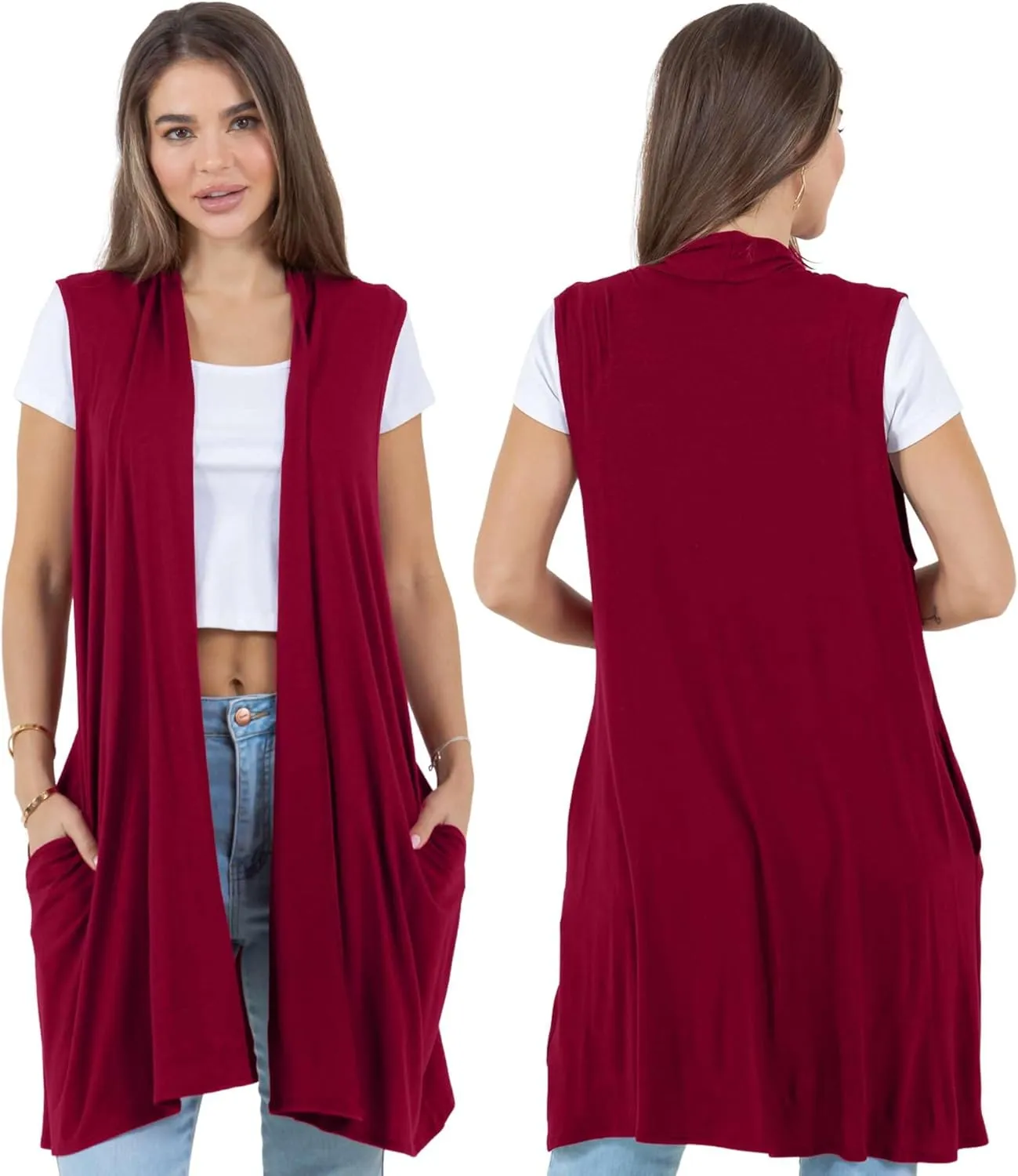 Azules Sleeveless Long Cardigans for Women with Side Pockets - Summer Vest Open Front Light Women's Cardigan Dressy Blazer
