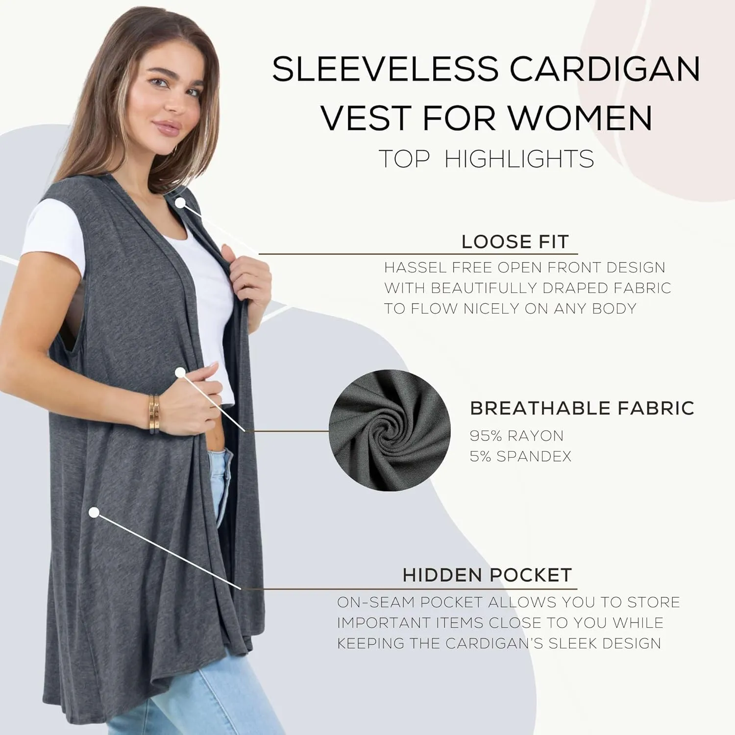 Azules Sleeveless Long Cardigans for Women with Side Pockets - Summer Vest Open Front Light Women's Cardigan Dressy Blazer