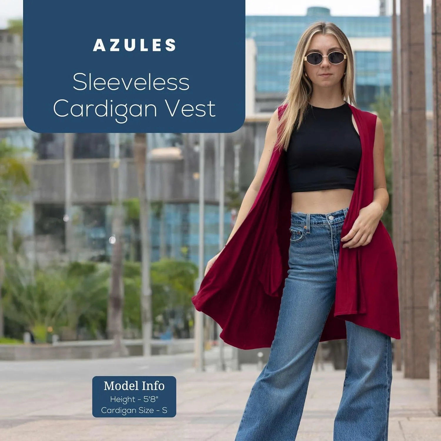 Azules Sleeveless Long Cardigans for Women with Side Pockets - Summer Vest Open Front Light Women's Cardigan Dressy Blazer