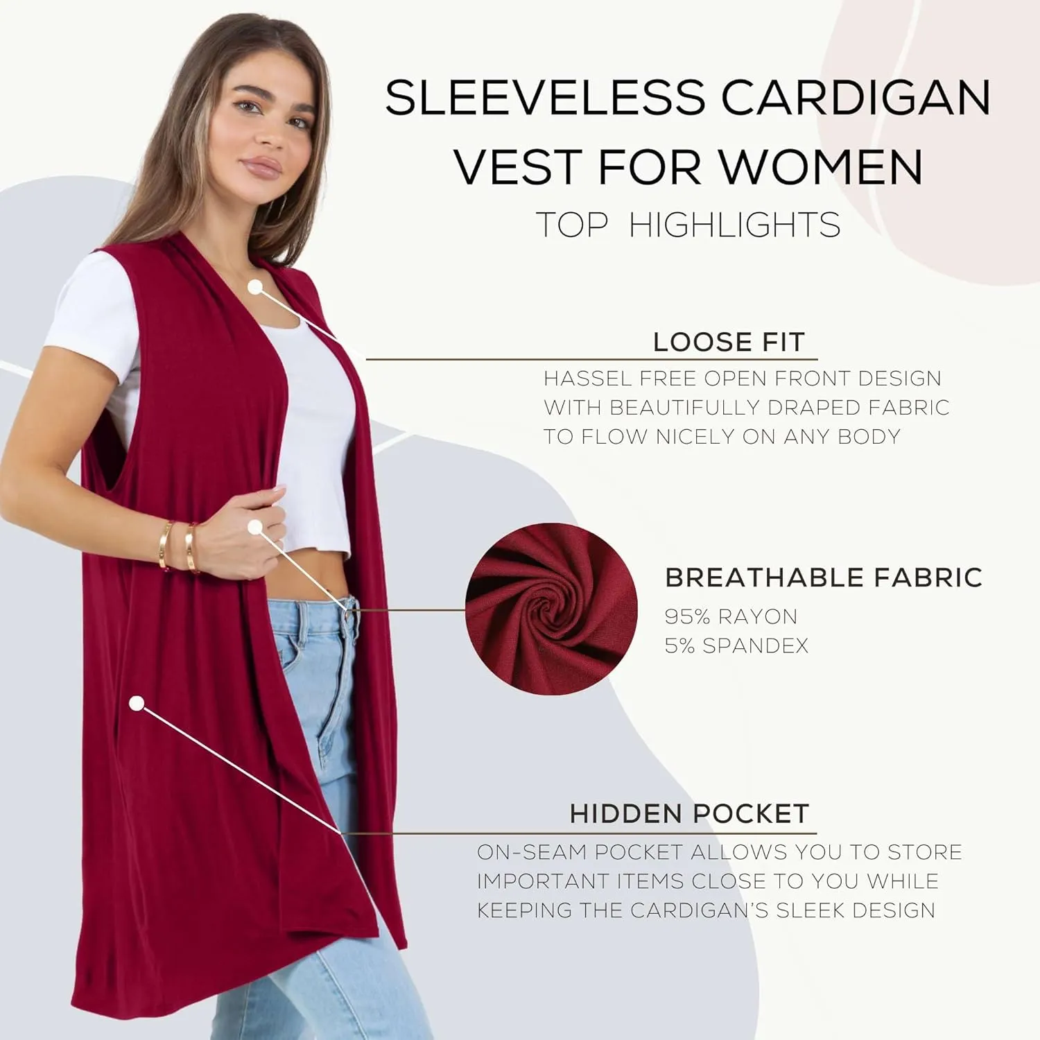 Azules Sleeveless Long Cardigans for Women with Side Pockets - Summer Vest Open Front Light Women's Cardigan Dressy Blazer