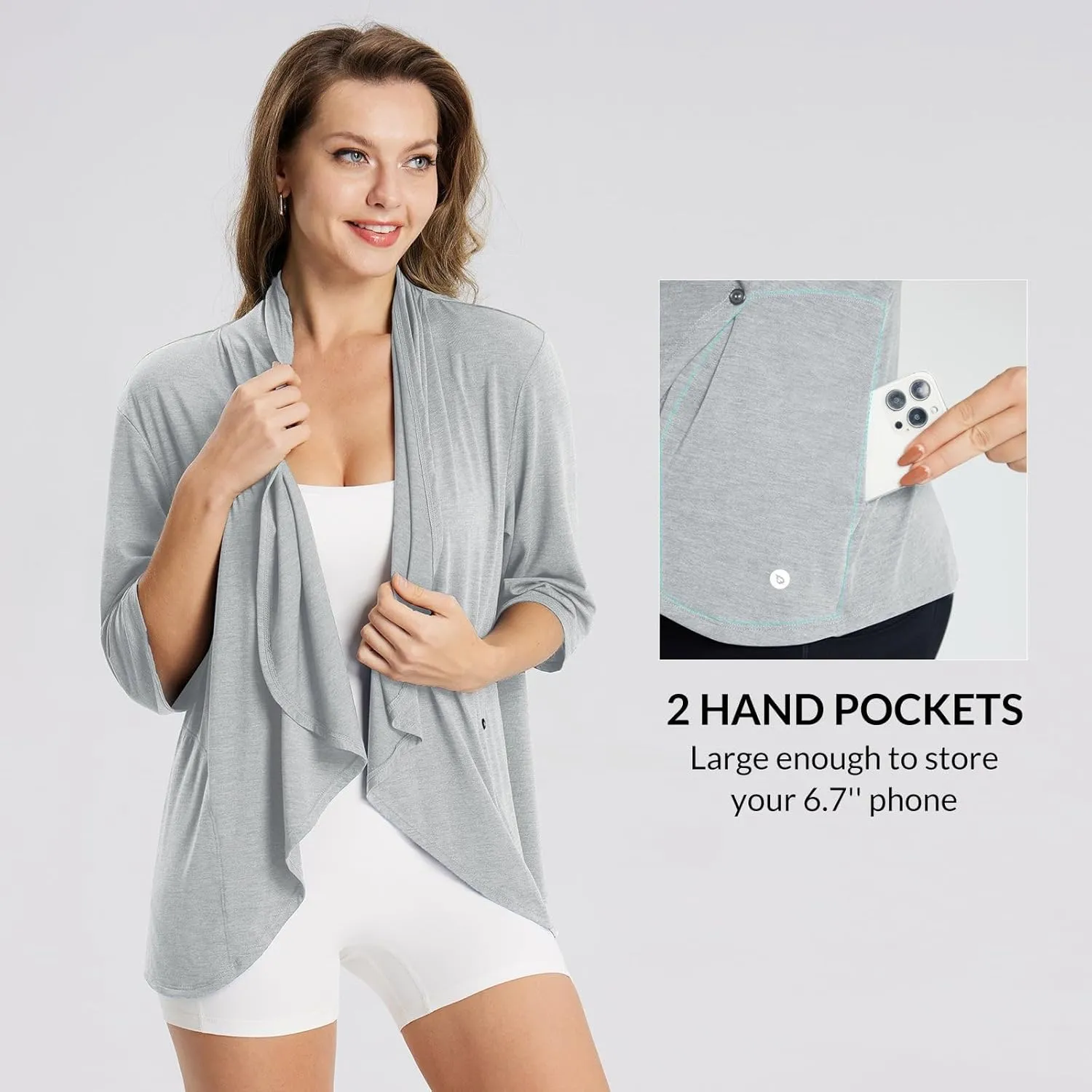 baleaf Women's Lightweight Cardigans Open Front 3/4 Sleeve Soft Summer Long Cardigan with Pockets for Office Yoga