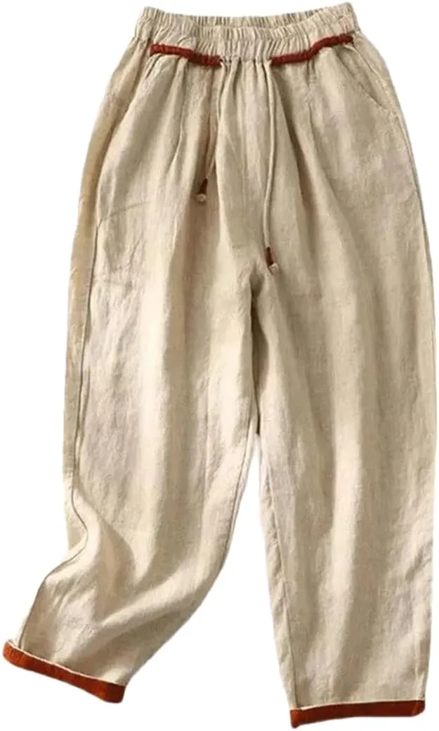 Bciopll Women Summer Elastic Waist Casual Cargo Pants High Street Pockets Patchwork Drawstring Hemp Ankle Length Trouser