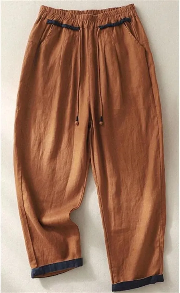 Bciopll Women Summer Elastic Waist Casual Cargo Pants High Street Pockets Patchwork Drawstring Hemp Ankle Length Trouser