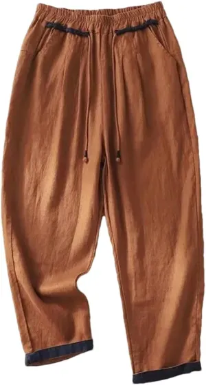 Bciopll Women Summer Elastic Waist Casual Cargo Pants High Street Pockets Patchwork Drawstring Hemp Ankle Length Trouser