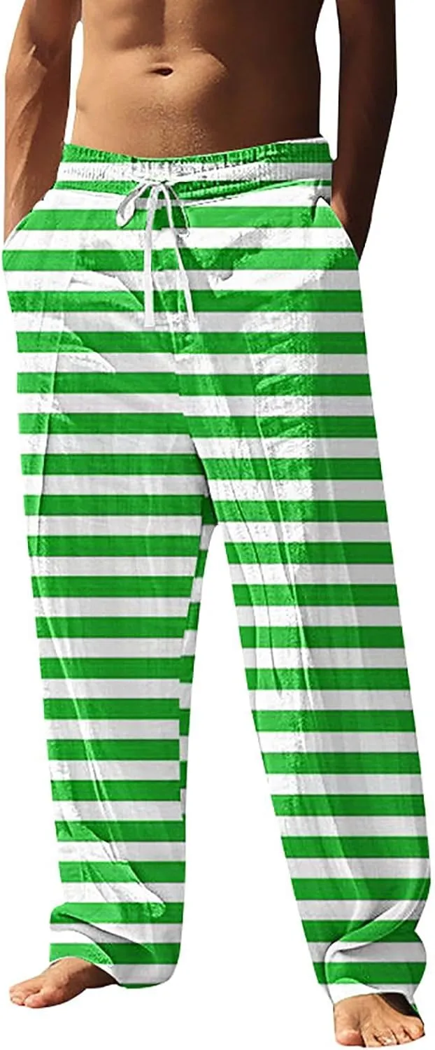 Beach Pants Men Baggy Striped Wide Leg Drawstrings Elastic Waist Loose Fit Trousers Summer Boho Yoga Pants