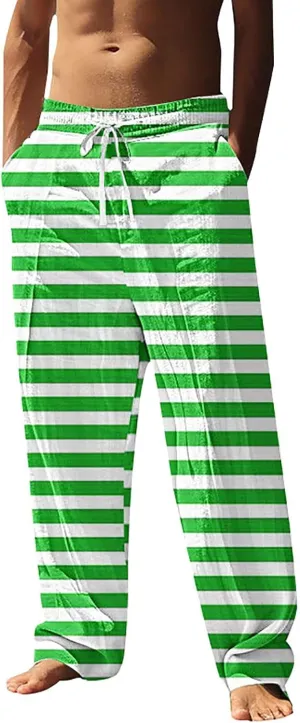 Beach Pants Men Baggy Striped Wide Leg Drawstrings Elastic Waist Loose Fit Trousers Summer Boho Yoga Pants