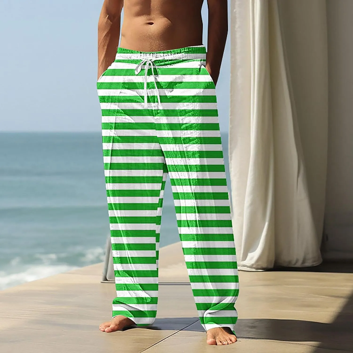 Beach Pants Men Baggy Striped Wide Leg Drawstrings Elastic Waist Loose Fit Trousers Summer Boho Yoga Pants