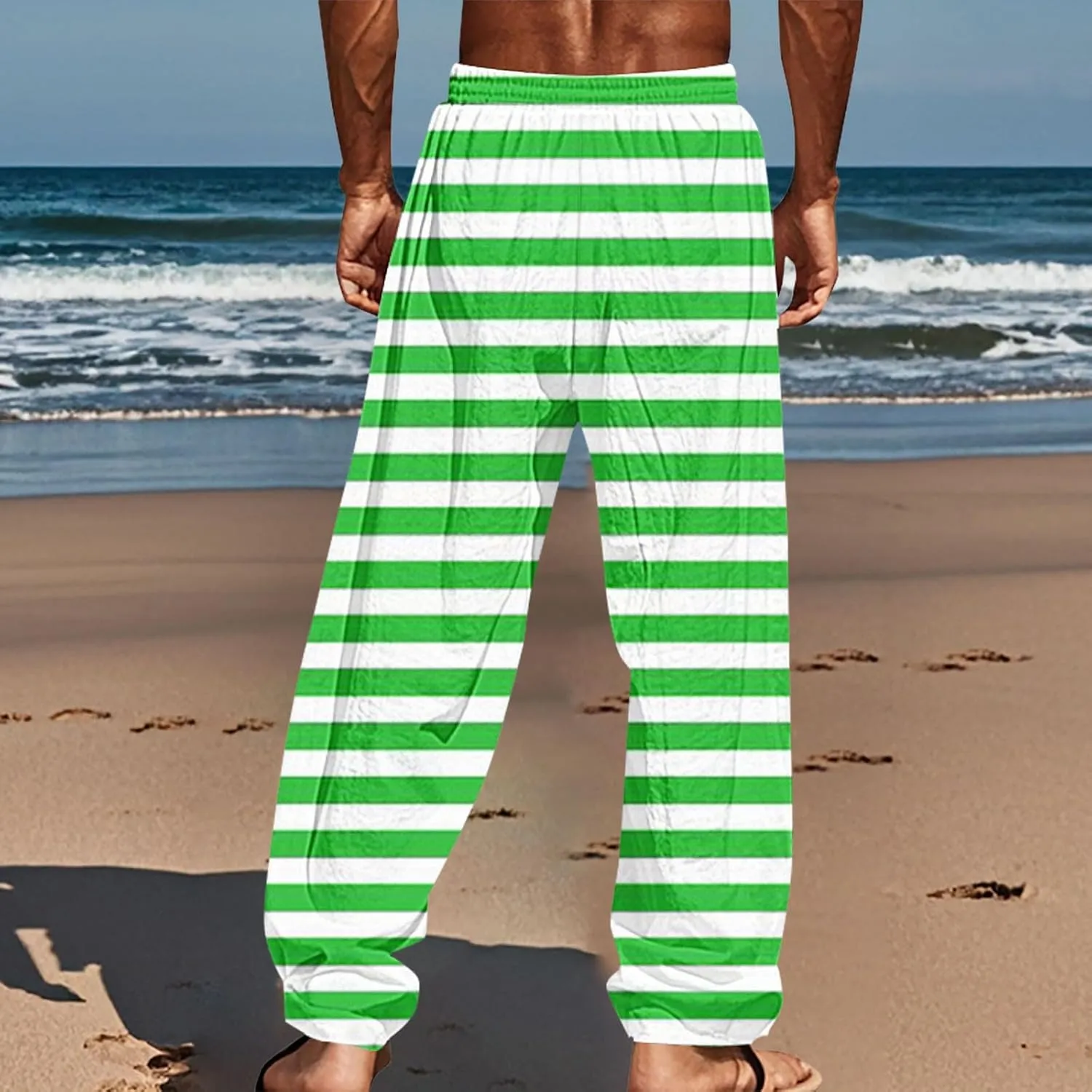 Beach Pants Men Baggy Striped Wide Leg Drawstrings Elastic Waist Loose Fit Trousers Summer Boho Yoga Pants