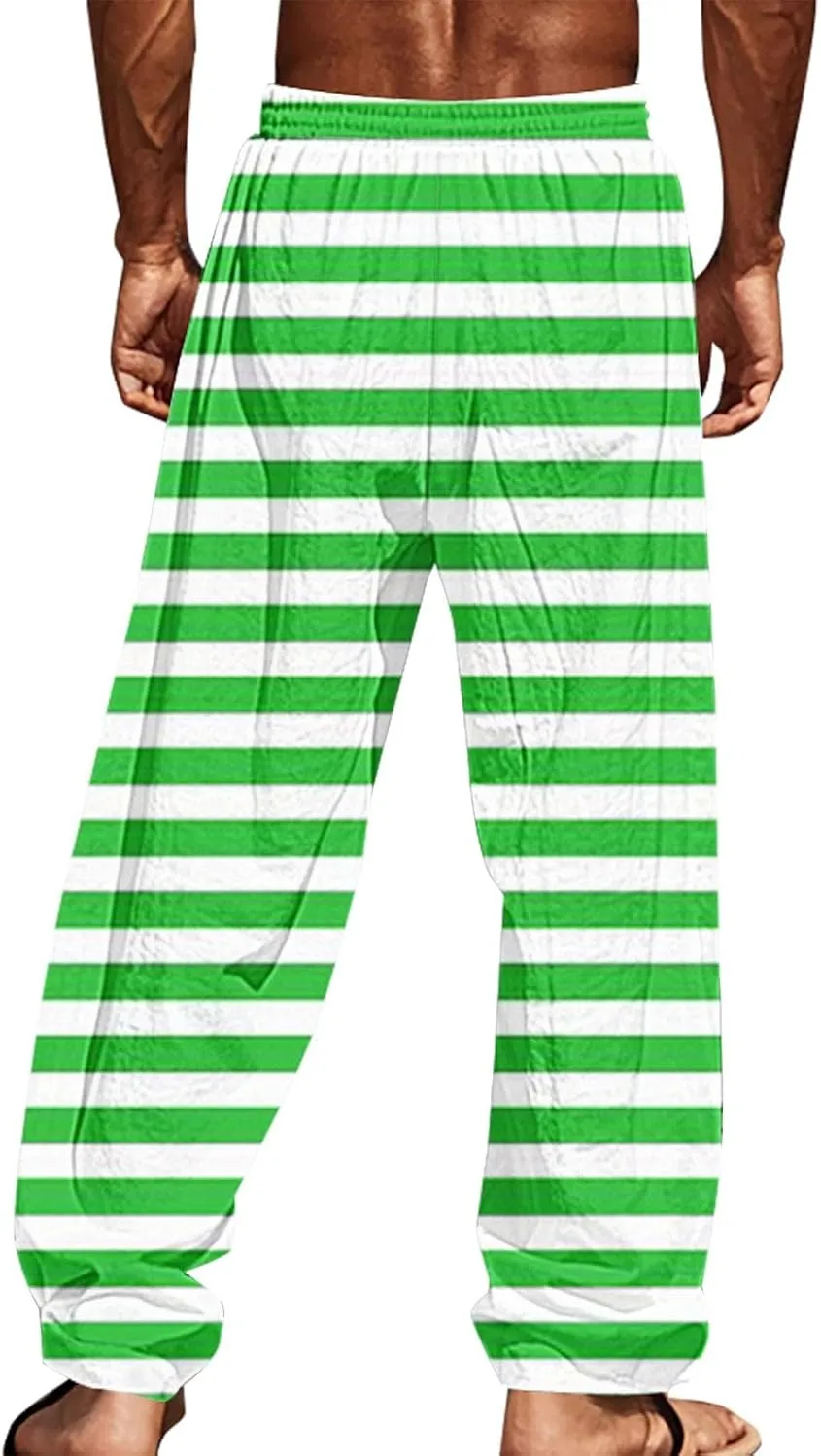 Beach Pants Men Baggy Striped Wide Leg Drawstrings Elastic Waist Loose Fit Trousers Summer Boho Yoga Pants