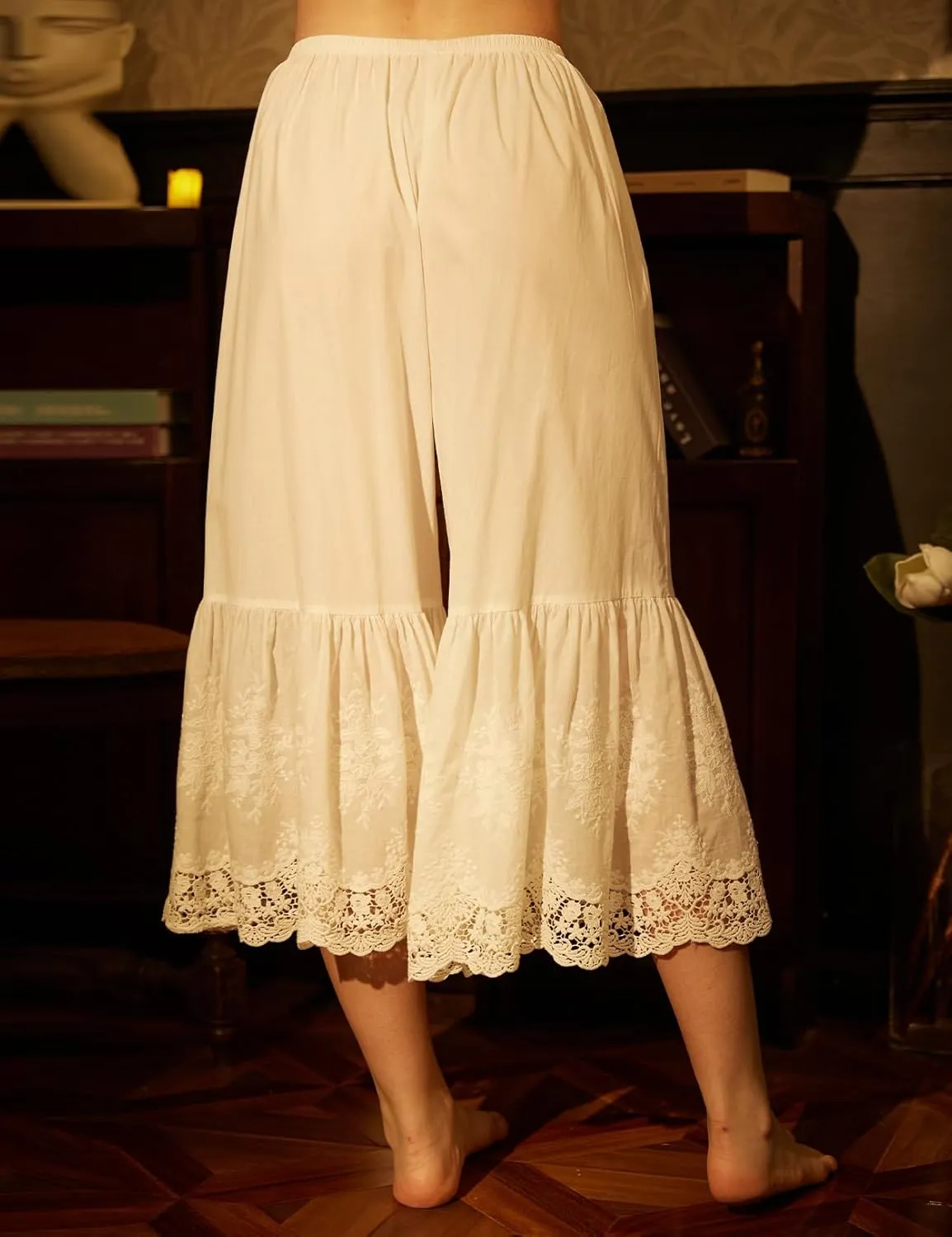 BEAUTELICATE Vintage Cotton Shorts Pettipants Culotte Slip Cropped Sleepwear Pants with Lace Edge
