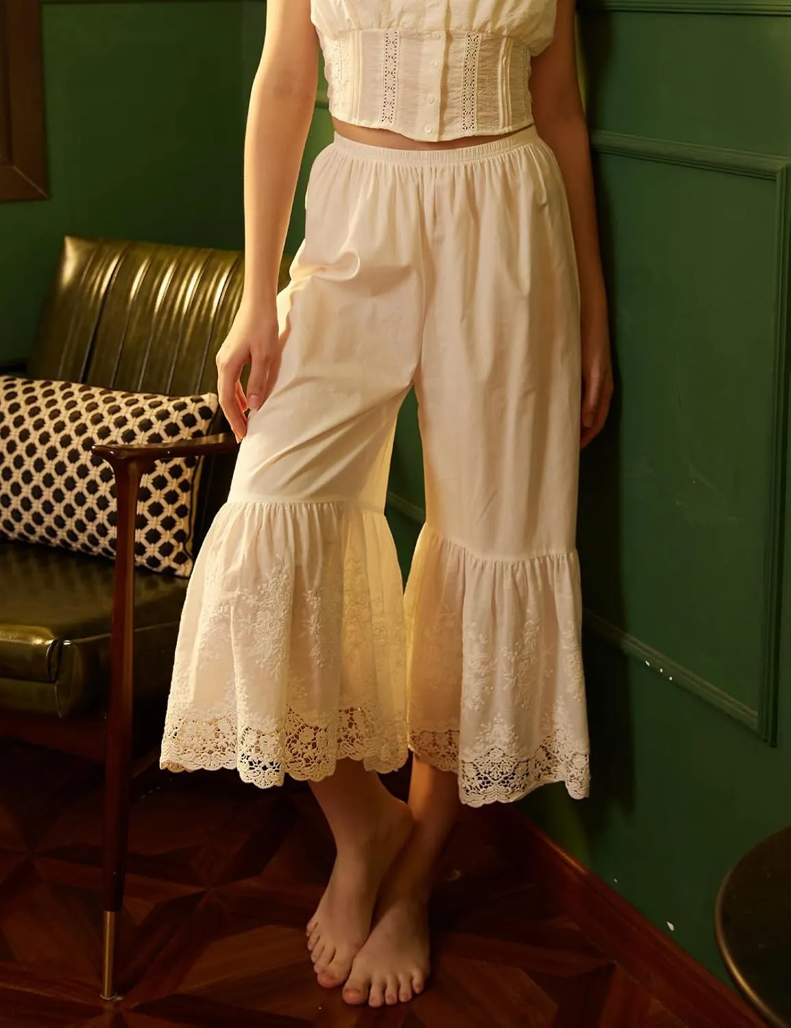 BEAUTELICATE Vintage Cotton Shorts Pettipants Culotte Slip Cropped Sleepwear Pants with Lace Edge