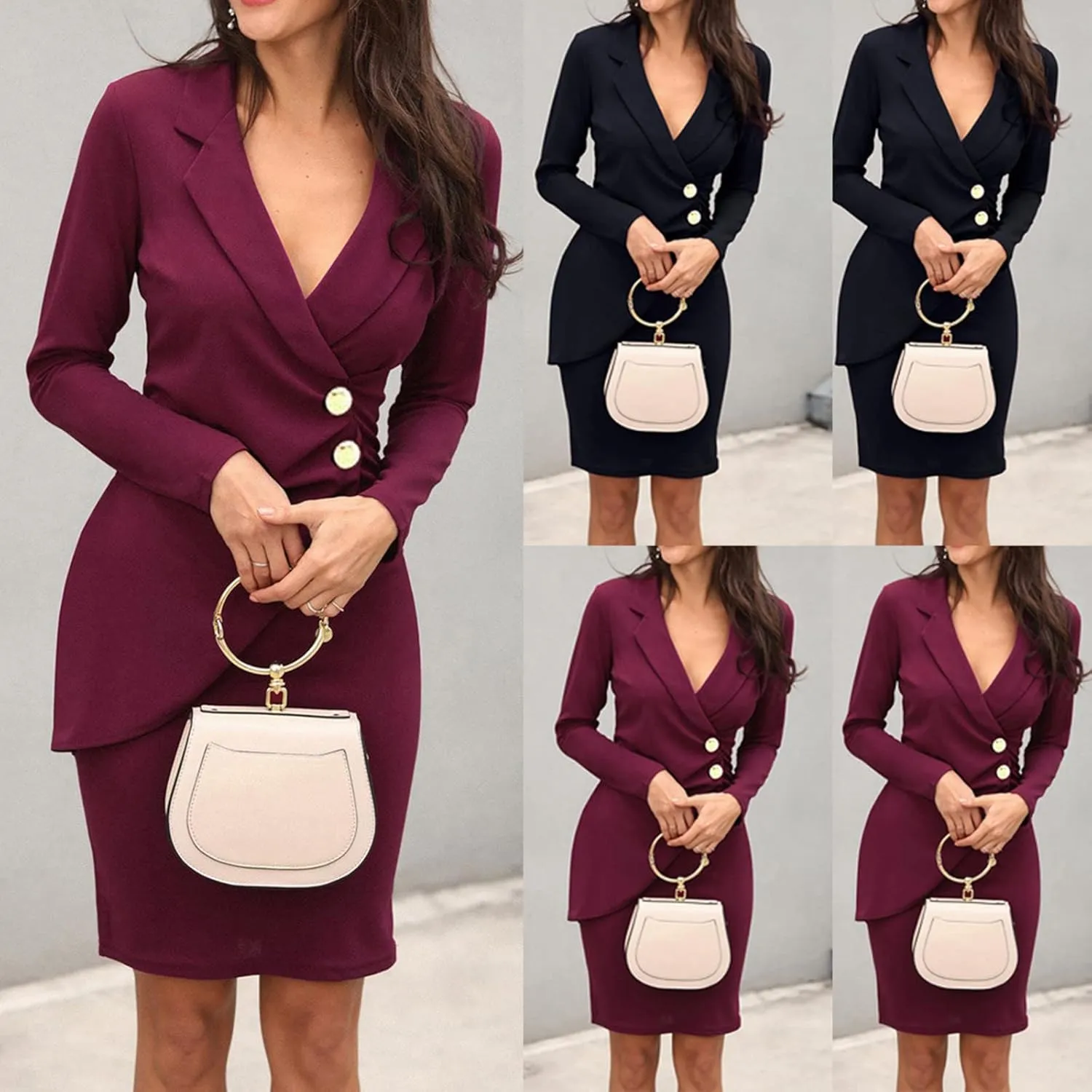 Blazer Jackets for Women Fashion Color Block Suit Collar Coats Long Sleeve Double Breasted Bodycon Blazer Dress