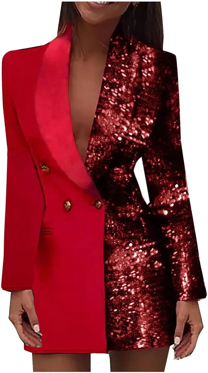 Blazer Jackets for Women Fashion Color Block Suit Collar Coats Long Sleeve Double Breasted Bodycon Blazer Dress