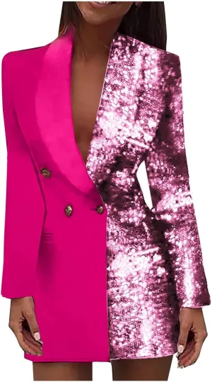 Blazer Jackets for Women Fashion Color Block Suit Collar Coats Long Sleeve Double Breasted Bodycon Blazer Dress