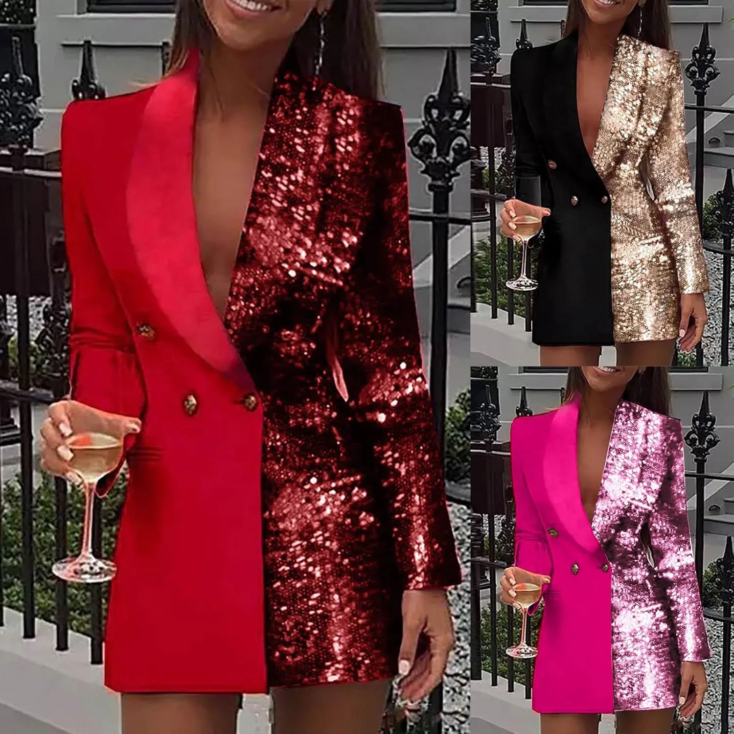 Blazer Jackets for Women Fashion Color Block Suit Collar Coats Long Sleeve Double Breasted Bodycon Blazer Dress