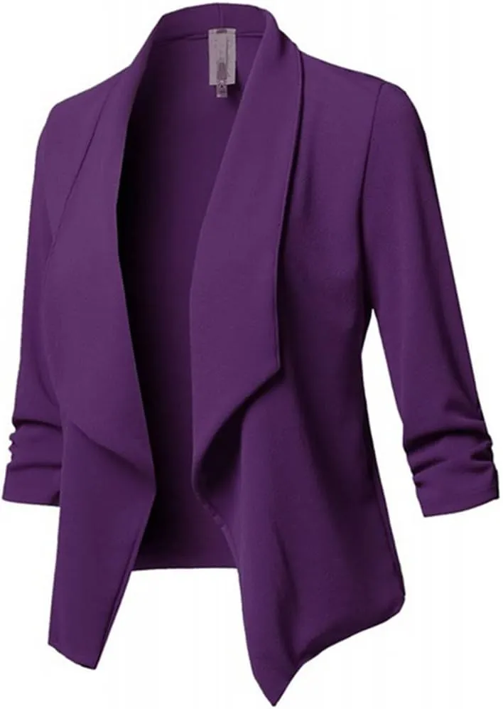 Blazers for Women Business - Womens Casual Ruched 3/4 Sleeve Open Front Tops Lightweight Work Office Blazer Jackets