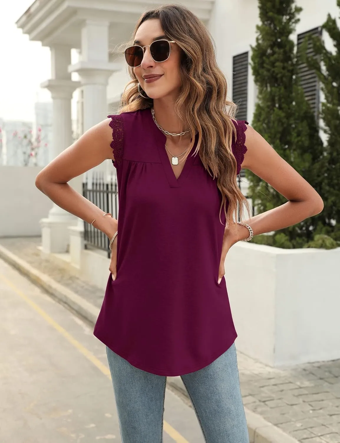 Blingfit Women's V Neck Guipure Lace Tank Tops Sleeveless Dressy Blouses Summer Casual Solid/Floral Tunic Shirts