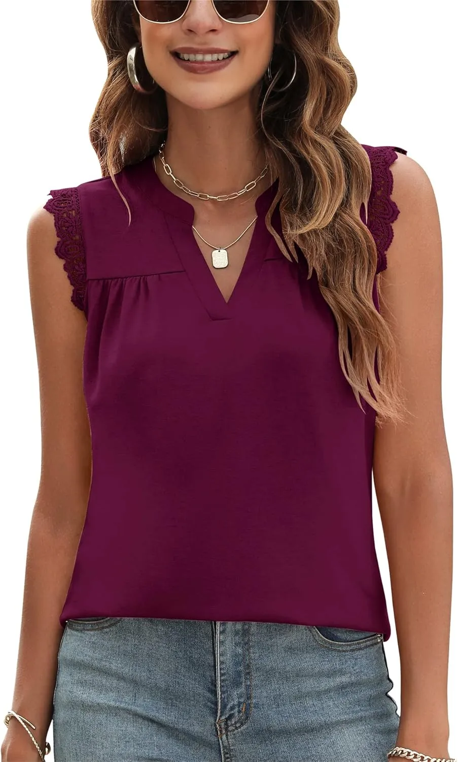 Blingfit Women's V Neck Guipure Lace Tank Tops Sleeveless Dressy Blouses Summer Casual Solid/Floral Tunic Shirts