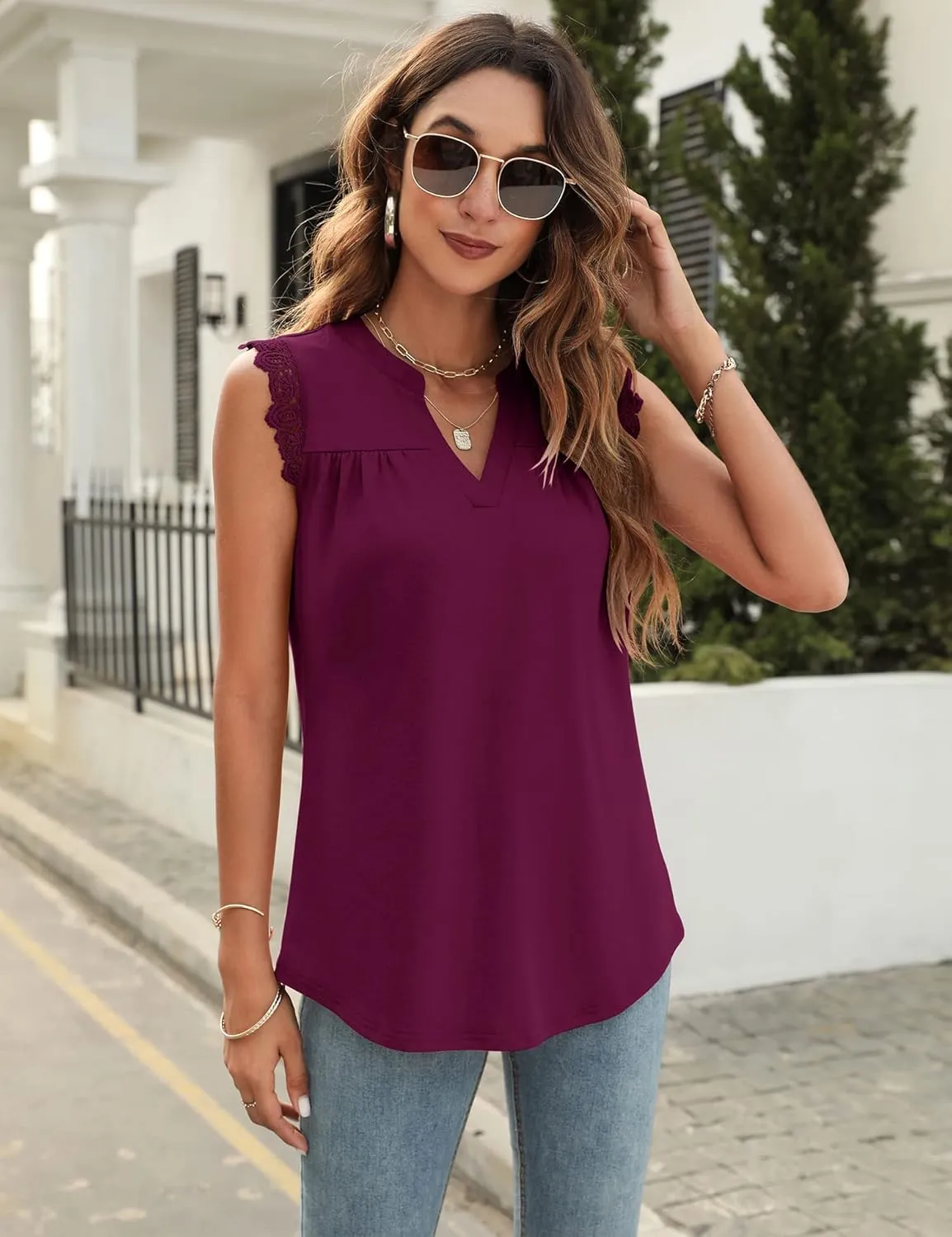 Blingfit Women's V Neck Guipure Lace Tank Tops Sleeveless Dressy Blouses Summer Casual Solid/Floral Tunic Shirts