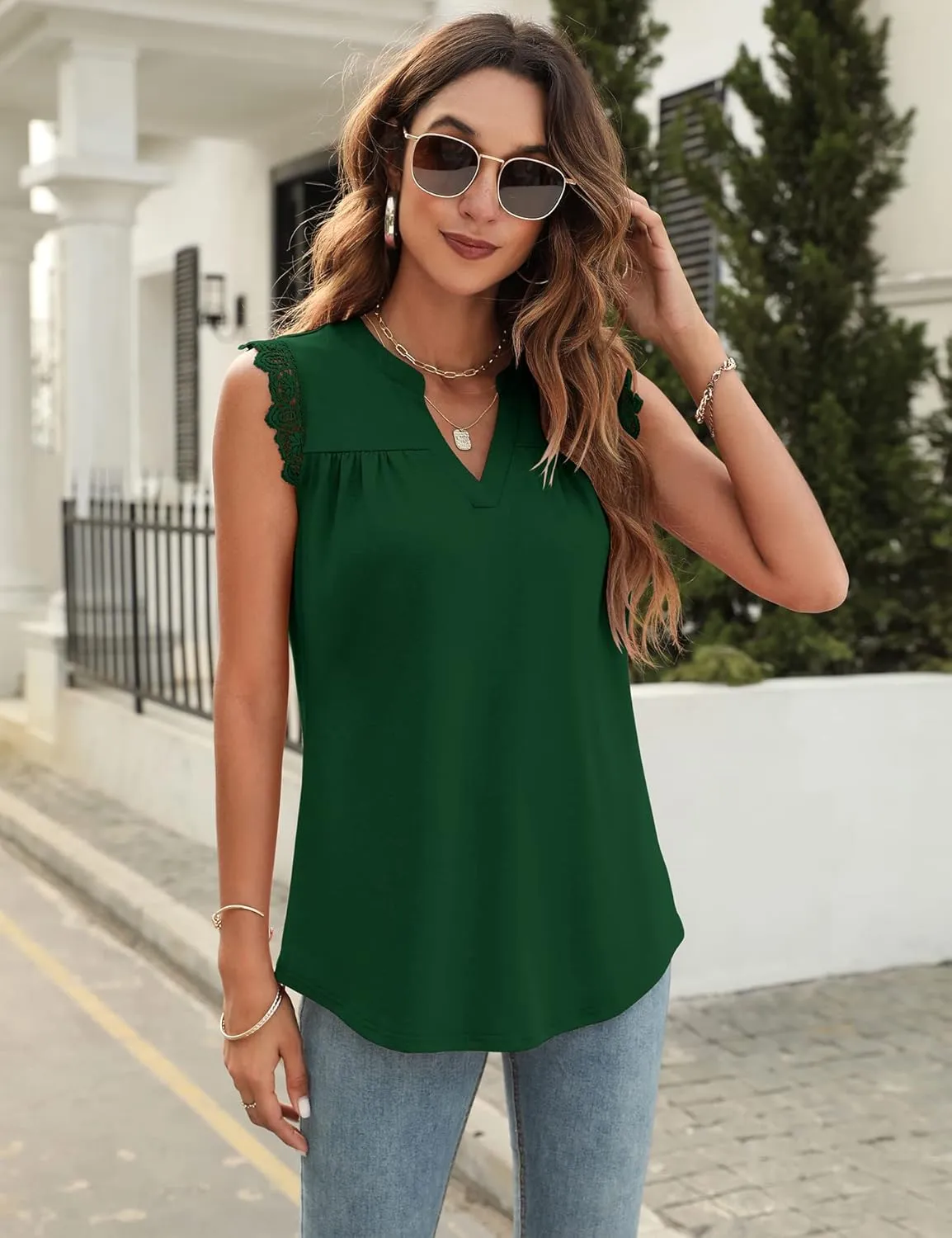 Blingfit Women's V Neck Guipure Lace Tank Tops Sleeveless Dressy Blouses Summer Casual Solid/Floral Tunic Shirts