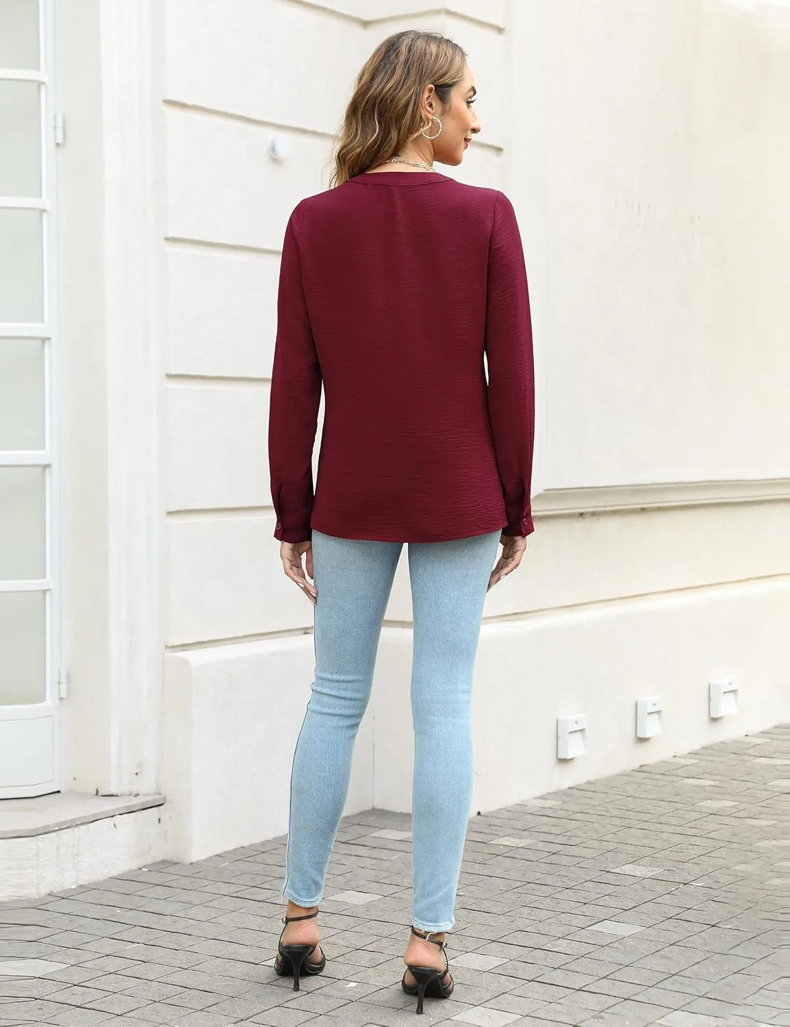 Blooming Jelly Women's Dressy Casual Blouses Business Work Tops Long Sleeve V Neck Pleated Shirts 2025 Fall Outfits