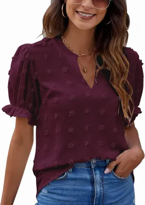 Blooming Jelly Women's Puff Sleeve Casual Tops Fashion White Polka Dot Blouses Dressy Ladies Summer Tops
