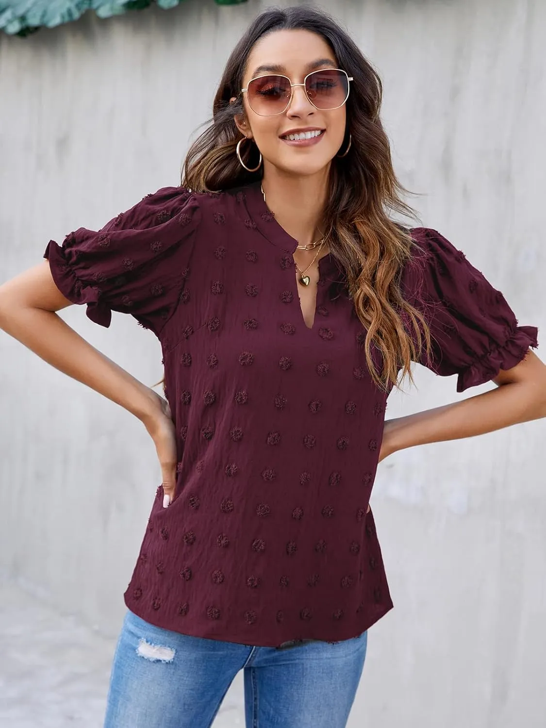 Blooming Jelly Women's Puff Sleeve Casual Tops Fashion White Polka Dot Blouses Dressy Ladies Summer Tops