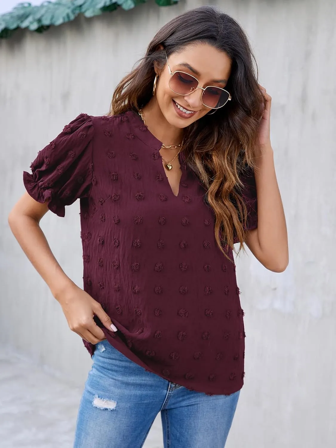 Blooming Jelly Women's Puff Sleeve Casual Tops Fashion White Polka Dot Blouses Dressy Ladies Summer Tops