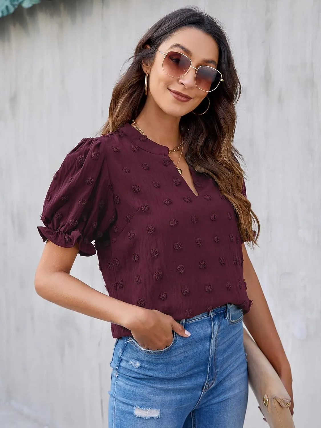 Blooming Jelly Women's Puff Sleeve Casual Tops Fashion White Polka Dot Blouses Dressy Ladies Summer Tops