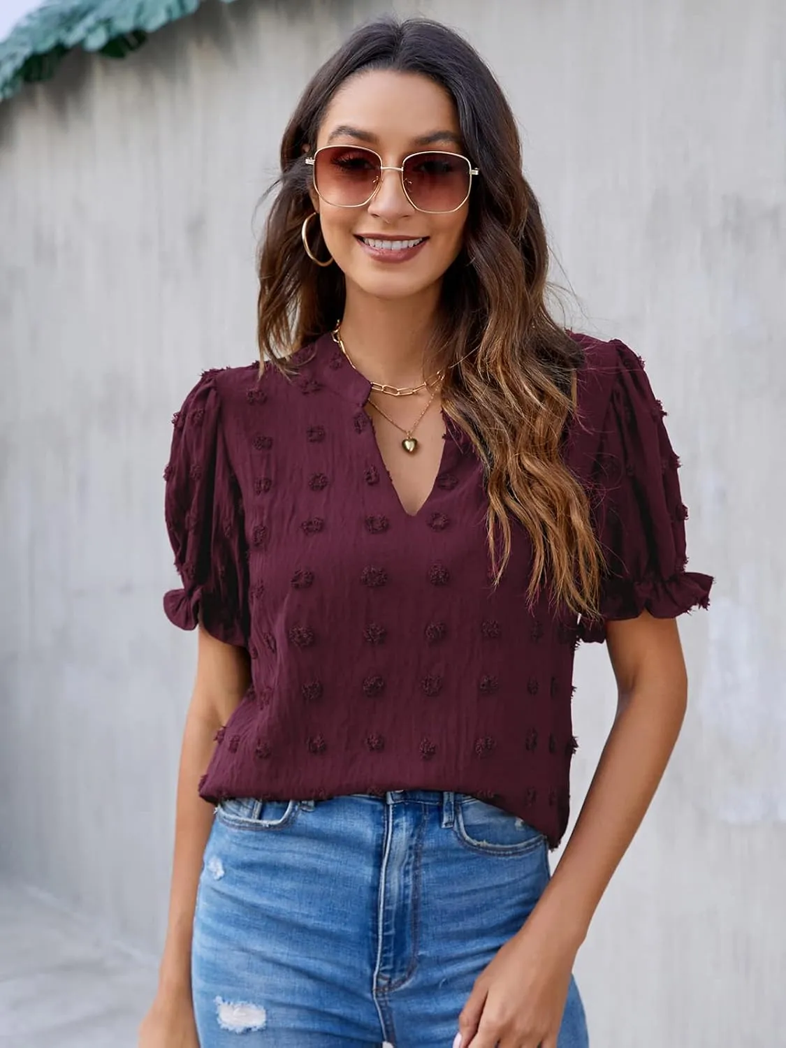 Blooming Jelly Women's Puff Sleeve Casual Tops Fashion White Polka Dot Blouses Dressy Ladies Summer Tops
