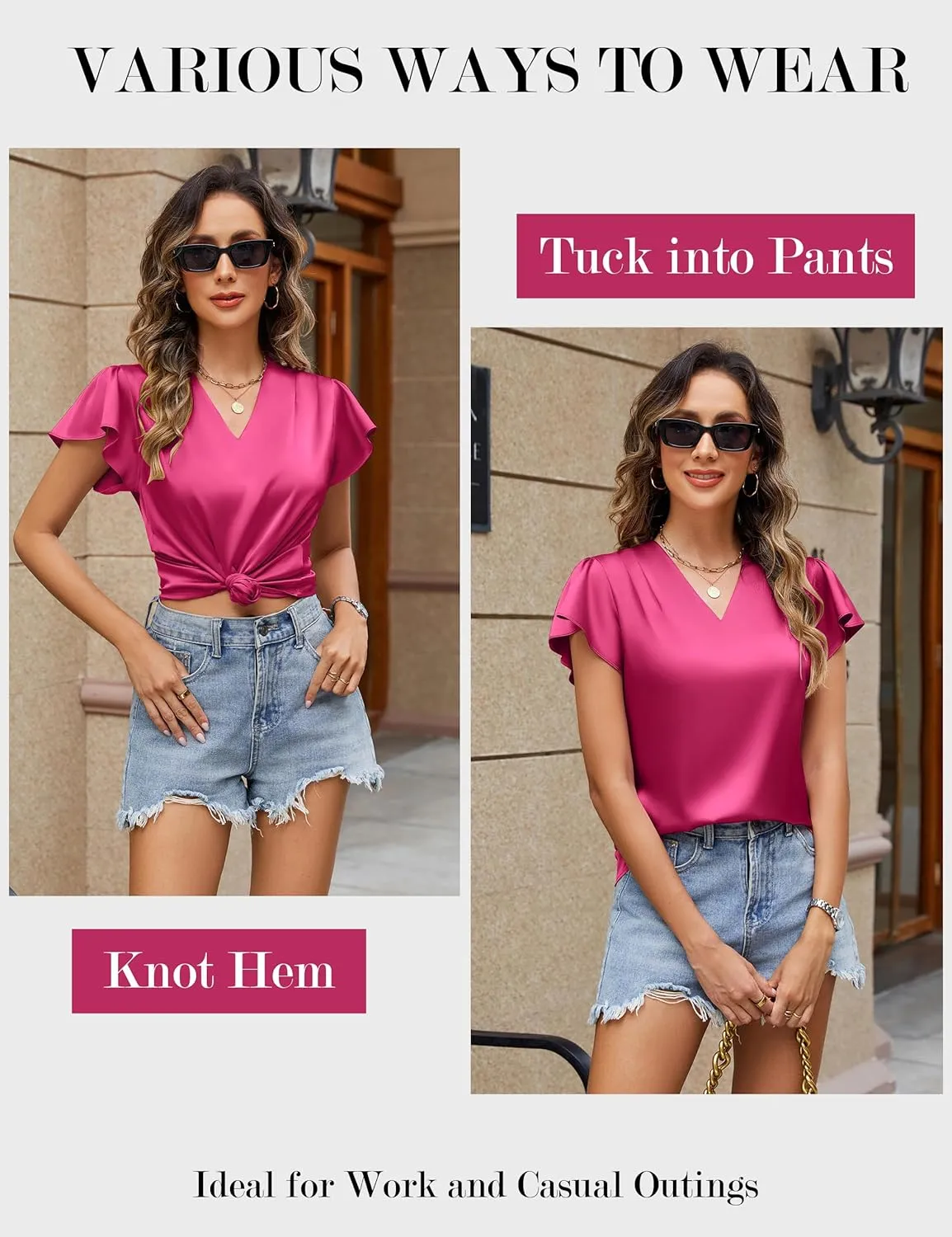 Blooming Jelly Womens Silk Dressy Casual Business Blouse Ruffle Sleeve Tops Summer V Neck Pleated Work Shirts