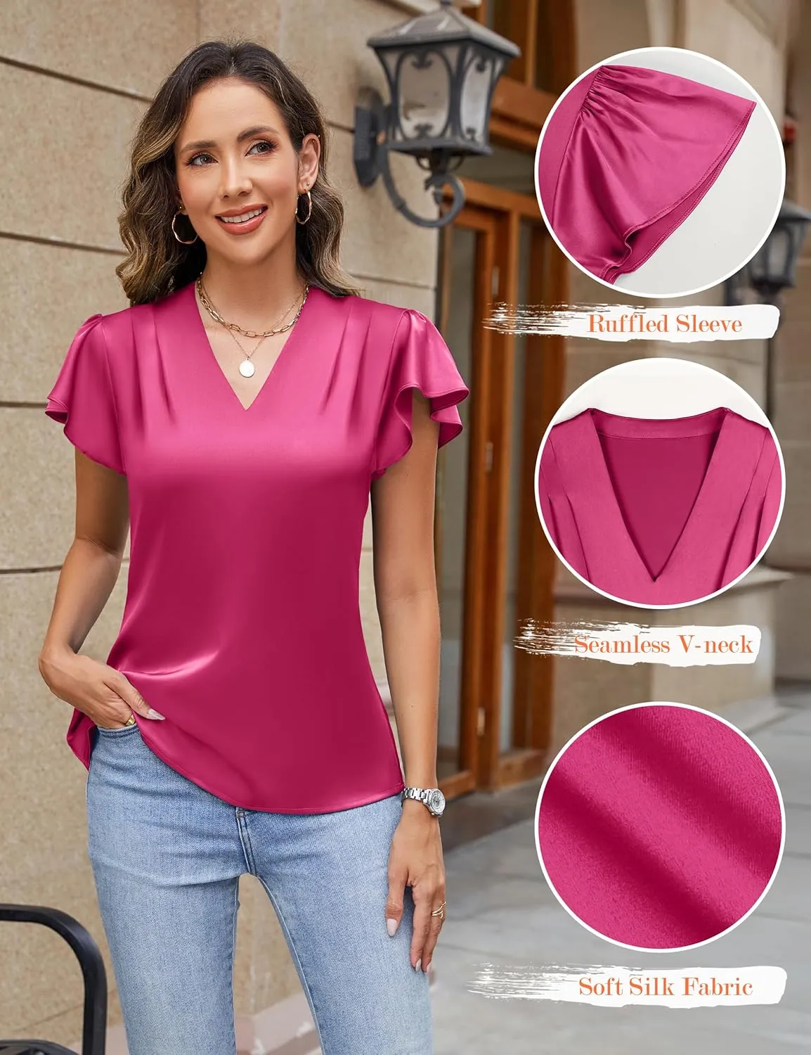 Blooming Jelly Womens Silk Dressy Casual Business Blouse Ruffle Sleeve Tops Summer V Neck Pleated Work Shirts