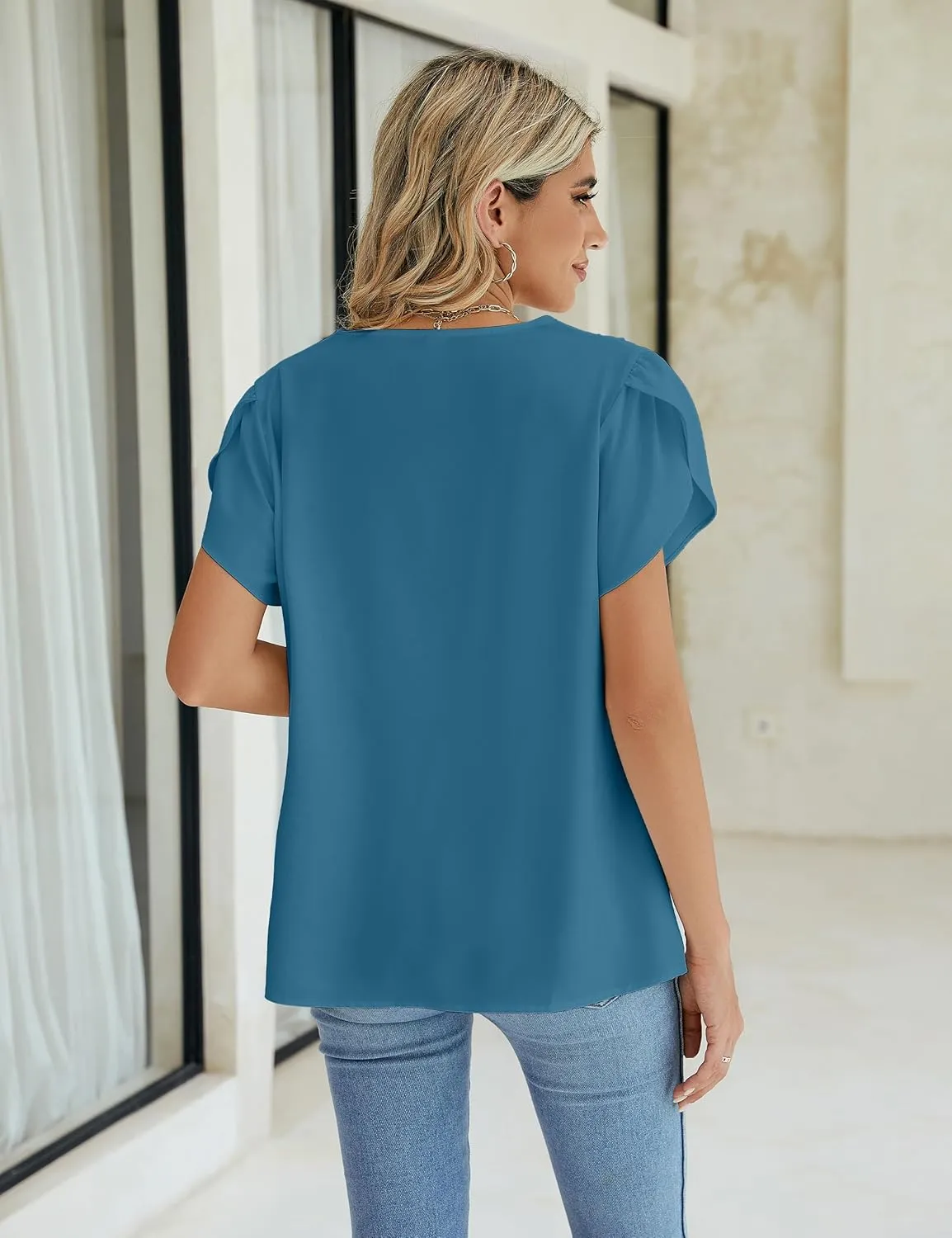 BMJL Women's Dressy Casual Blouses White Business Work Tops Petal Short Sleeve V Neck T Shirt Summer Outfits 2024