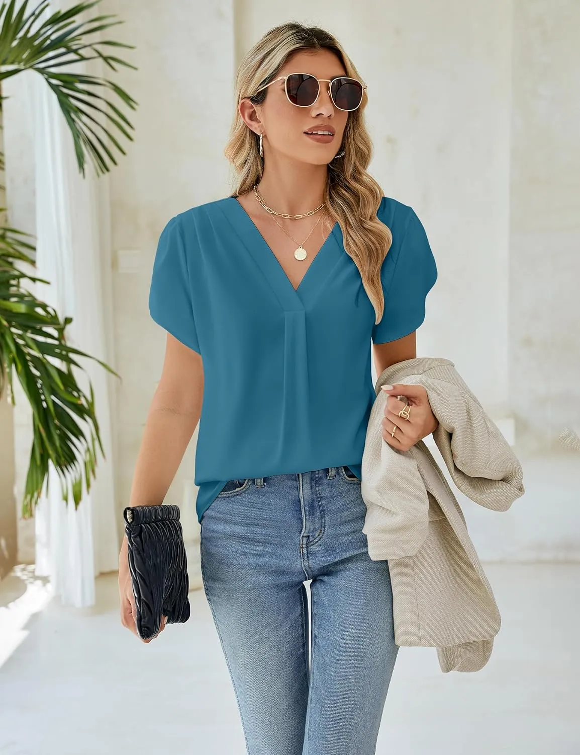 BMJL Women's Dressy Casual Blouses White Business Work Tops Petal Short Sleeve V Neck T Shirt Summer Outfits 2024