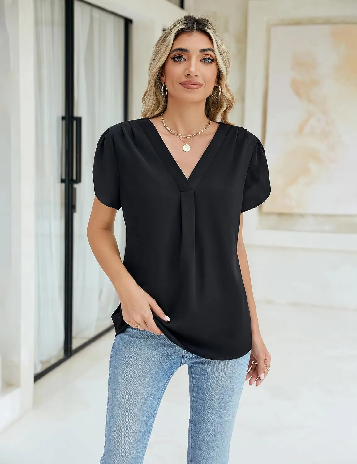 BMJL Women's Dressy Casual Blouses White Business Work Tops Petal Short Sleeve V Neck T Shirt Summer Outfits 2024