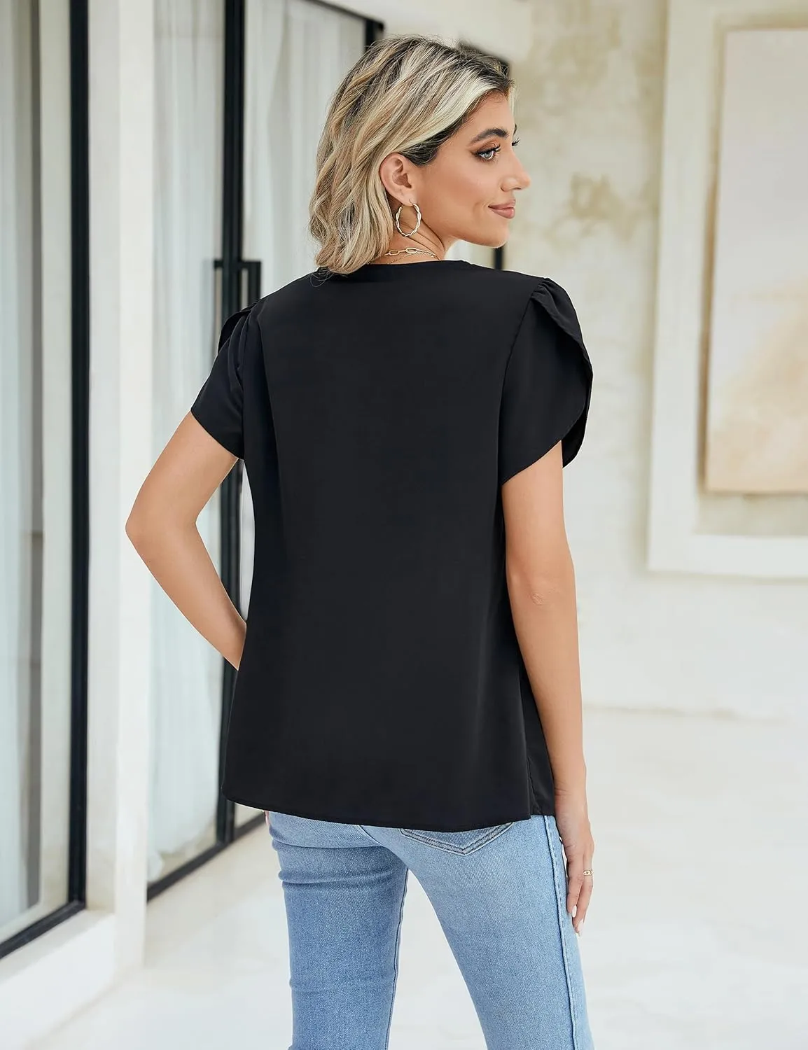 BMJL Women's Dressy Casual Blouses White Business Work Tops Petal Short Sleeve V Neck T Shirt Summer Outfits 2024