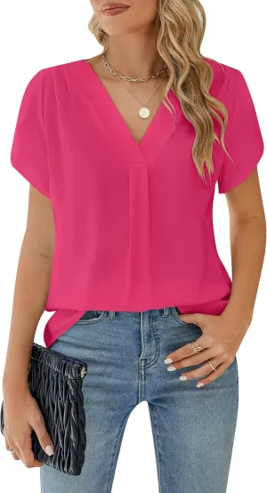 BMJL Women's Dressy Casual Blouses White Business Work Tops Petal Short Sleeve V Neck T Shirt Summer Outfits 2024