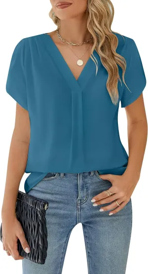 BMJL Women's Dressy Casual Blouses White Business Work Tops Petal Short Sleeve V Neck T Shirt Summer Outfits 2024
