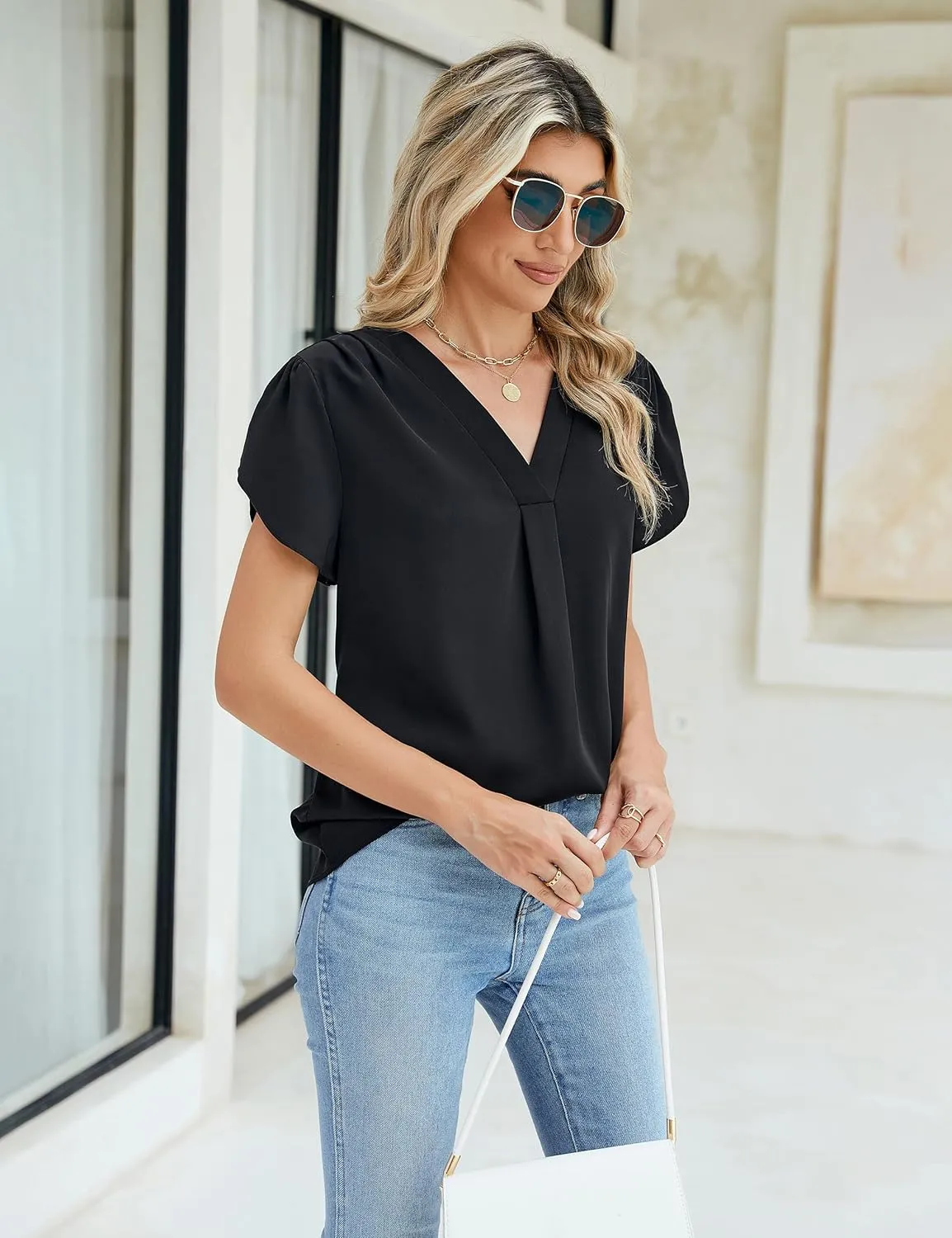 BMJL Women's Dressy Casual Blouses White Business Work Tops Petal Short Sleeve V Neck T Shirt Summer Outfits 2024