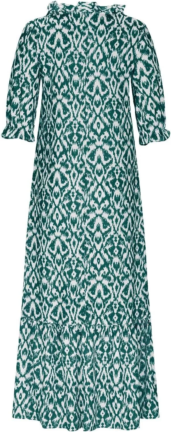 Boho Dress for Women Half Sleeve V Neck Tassel Maxi Dresses Floral Printed Flowy A-Line Beach Vacation Dresses