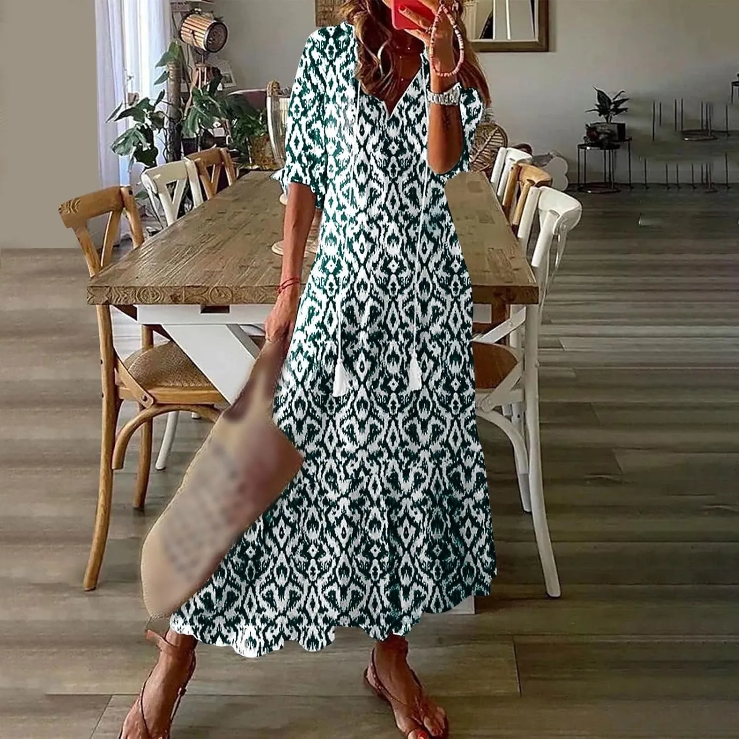 Boho Dress for Women Half Sleeve V Neck Tassel Maxi Dresses Floral Printed Flowy A-Line Beach Vacation Dresses