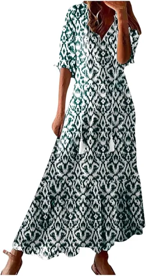 Boho Dress for Women Half Sleeve V Neck Tassel Maxi Dresses Floral Printed Flowy A-Line Beach Vacation Dresses