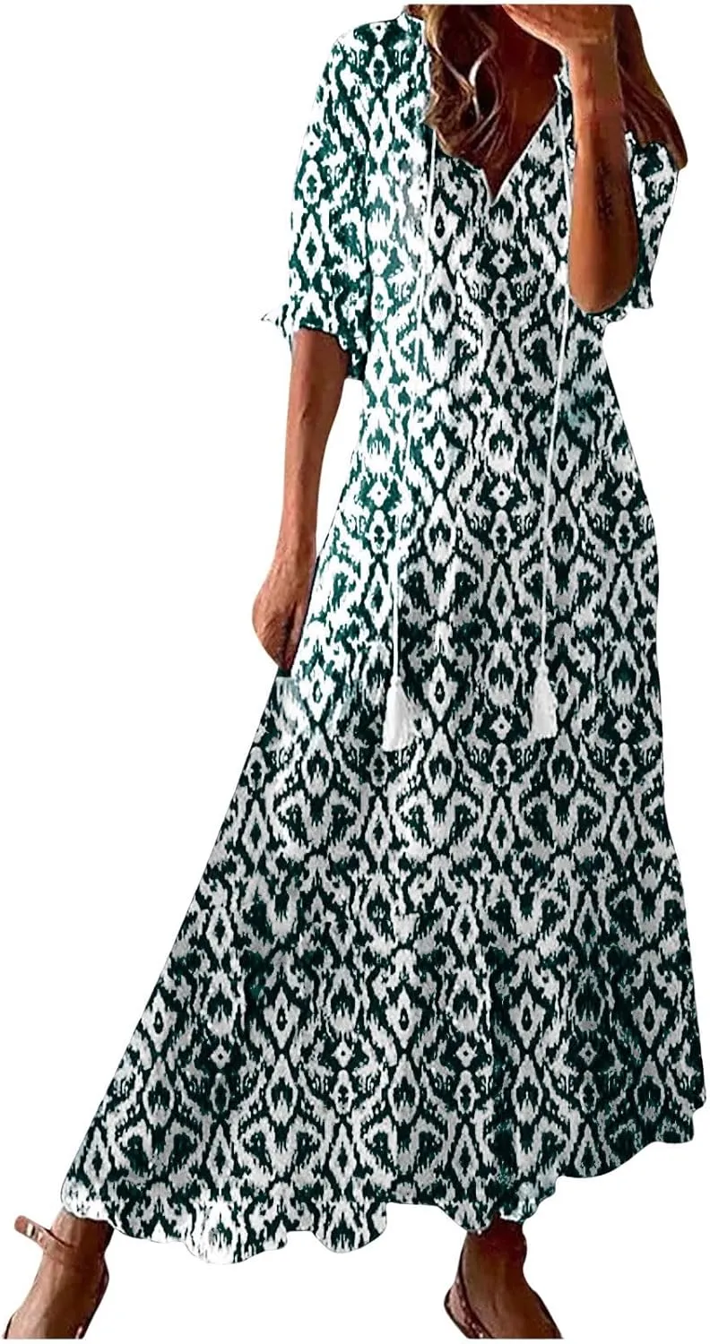Boho Dress for Women Half Sleeve V Neck Tassel Maxi Dresses Floral Printed Flowy A-Line Beach Vacation Dresses