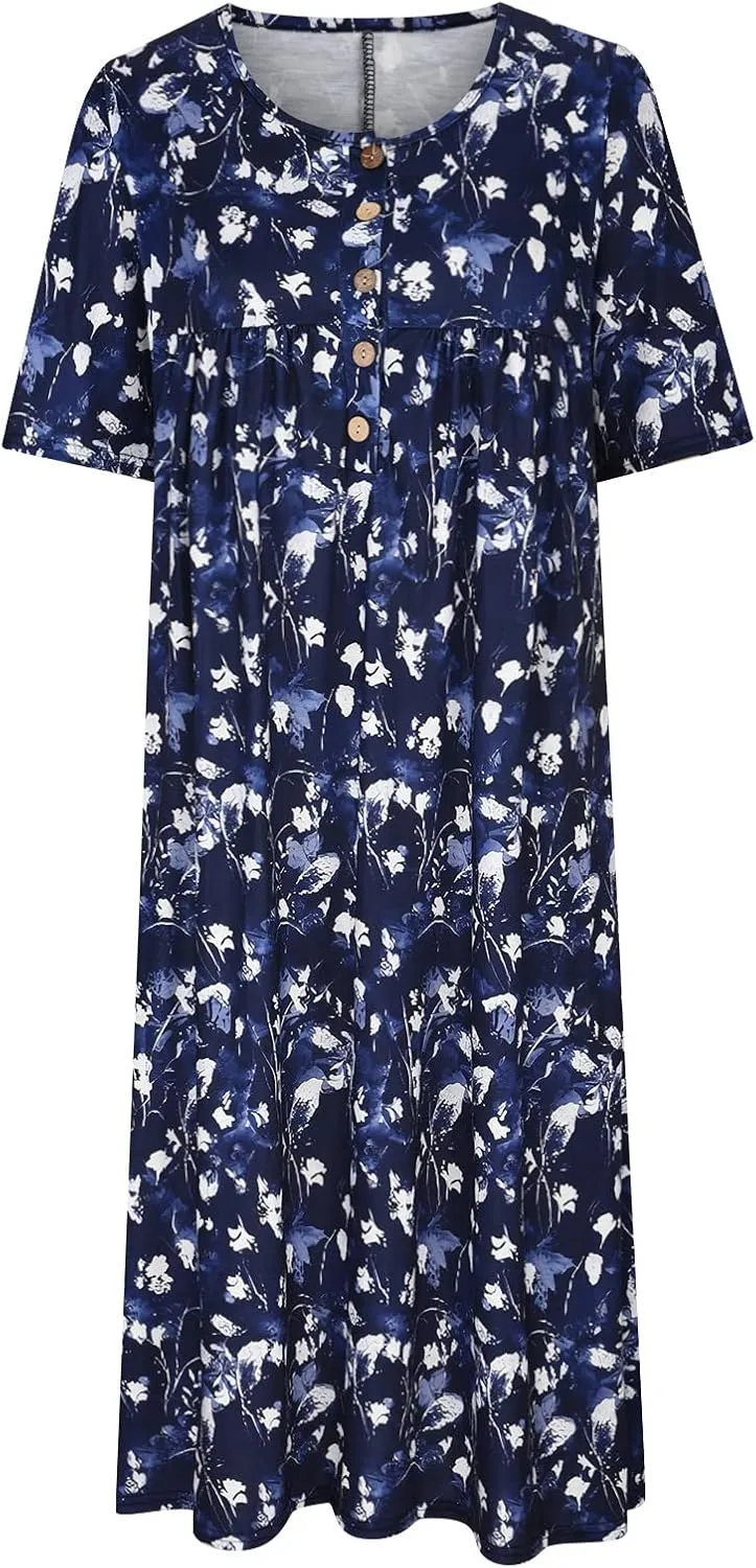 Boho Dresses for Women 2024 Short Sleeve Floral Print Maxi Dress 2024 Summer V Neck Loose Swing Dress with Pockets