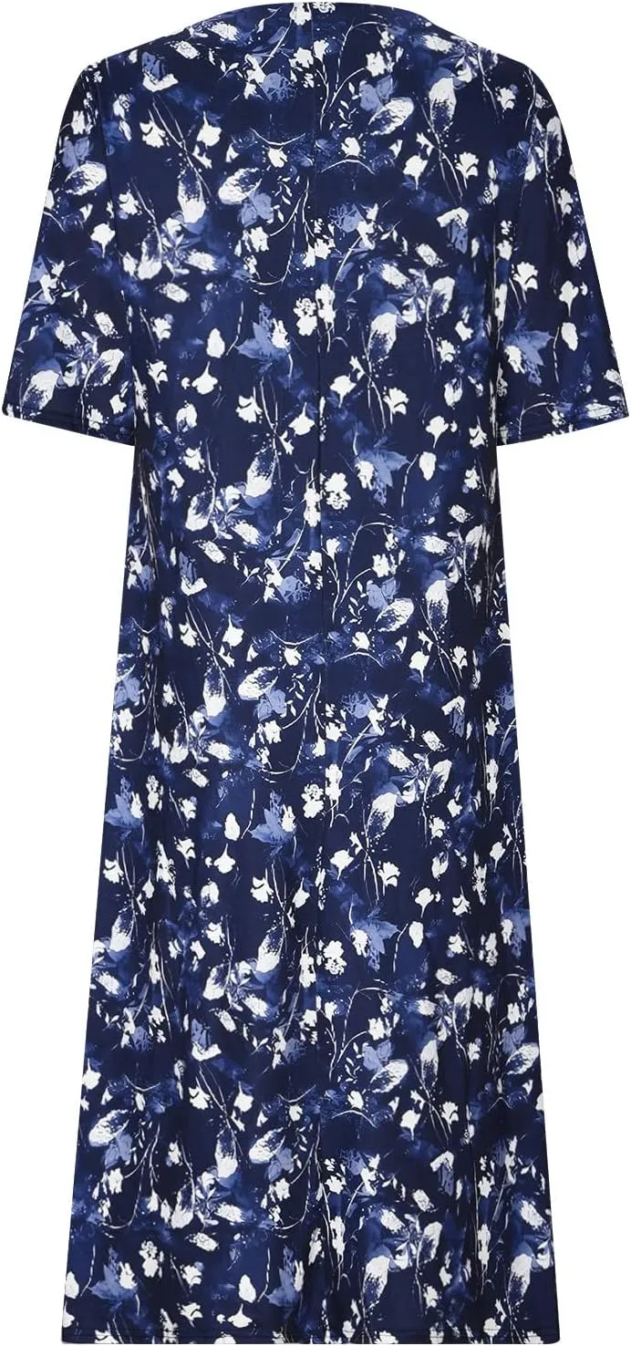 Boho Dresses for Women 2024 Short Sleeve Floral Print Maxi Dress 2024 Summer V Neck Loose Swing Dress with Pockets