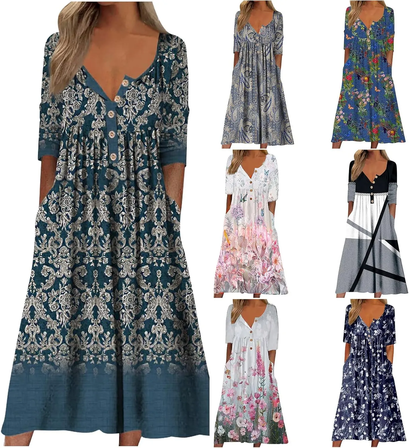 Boho Dresses for Women 2024 Short Sleeve Floral Print Maxi Dress 2024 Summer V Neck Loose Swing Dress with Pockets